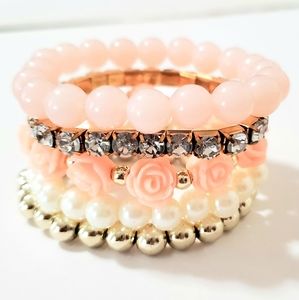 5 x PINK MULTI FLOWER PEARL RHINESTONE BRACELETS